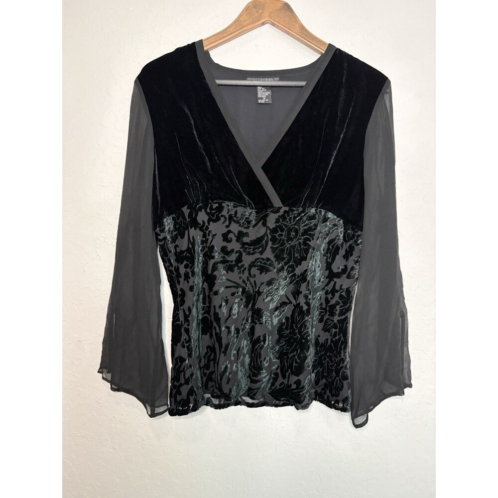 Silkland Black Velvet Burnout Bell Sleeve Top Womens Sz 10 Whimsigoth Romantic